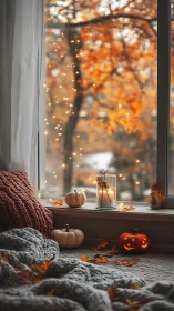 Cozy autumn window nook with pumpkins and candlelight glow.