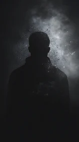 Shadowborn silhouette dissolving into cosmic dust veil.
