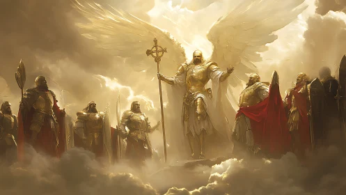 Winged armored figure addresses soldiers in clouded light