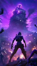 Hooded figure facing unstable tower in purple night scene.