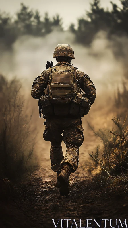 Backlit infantry silhouette in misty tactical corridor fieldwork.