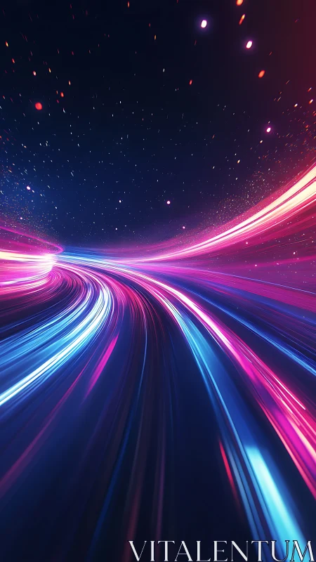 Curved neon light trails forming abstract hyperspace tunnel