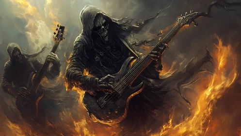 Hooded skeletal guitarists are depicted amid swirling flames