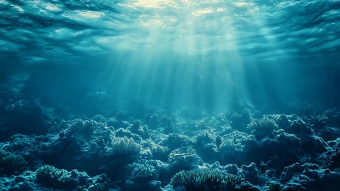 Sunlit underwater coral landscape with deep blue tones.