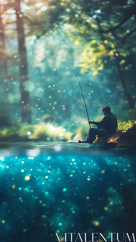 Surreal lakeside fisherman above glowing underwater lights.