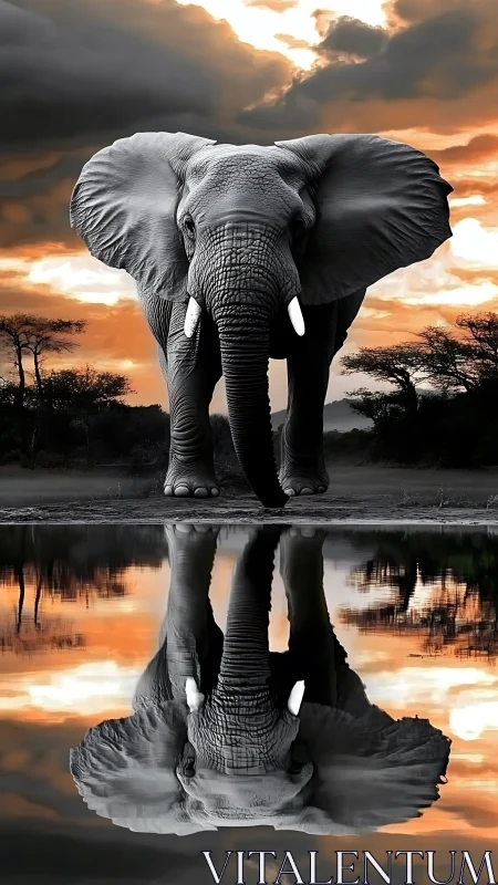 Monochrome elephant dominates mirrored savanna at sunset