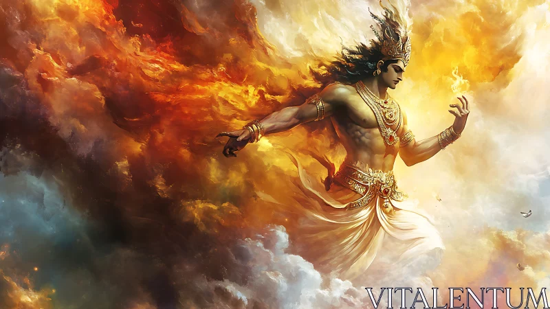 Flame crowned sky god strides through blazing celestial clouds.