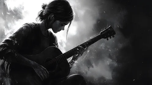 Young guitarist in brooding monochrome moment plays alone.