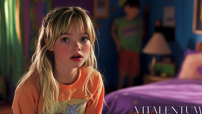 Sunlit surprise in a neon-bright childhood bedroom scene.