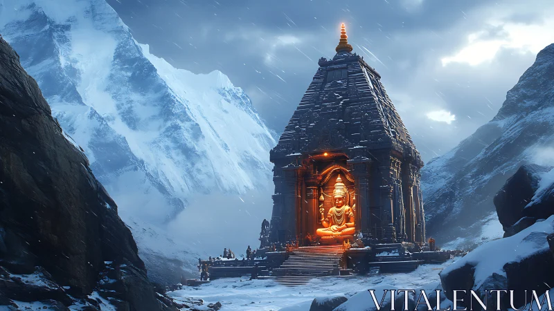Luminous mountain temple sanctuary amid fierce winter storm.