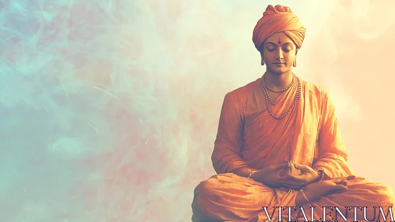 Serene monk in orange robes within pastel meditation haze.