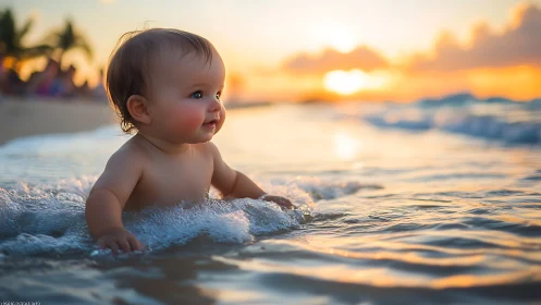 Toddler Wading Beach Sunset. Golden Hour Water Play.