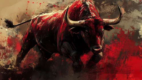 Charging red bull surges forward through fierce abstract strokes