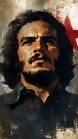 Textured revolutionary-style portrait with star backdrop emphasis.