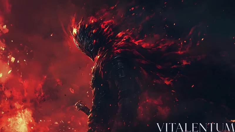 Flaming dark knight strides through a storm of living embers