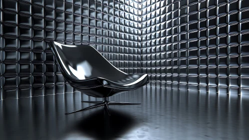 Metallic lounge chair stands in reflective tiled interior