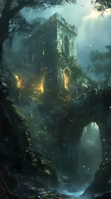 Overgrown stone ruin with river under misty forest light.