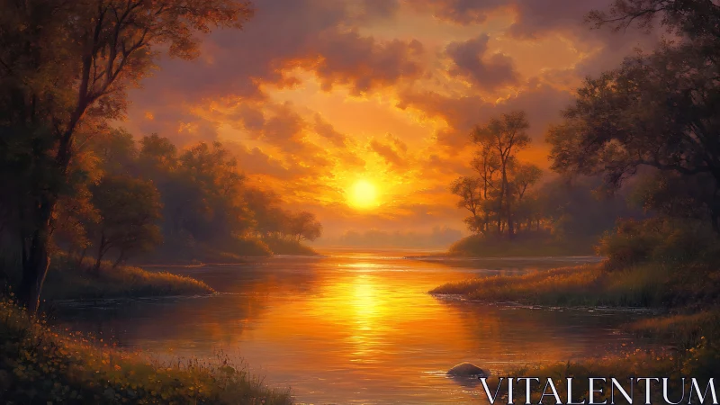 Golden river sunset over calm water and dense trees.