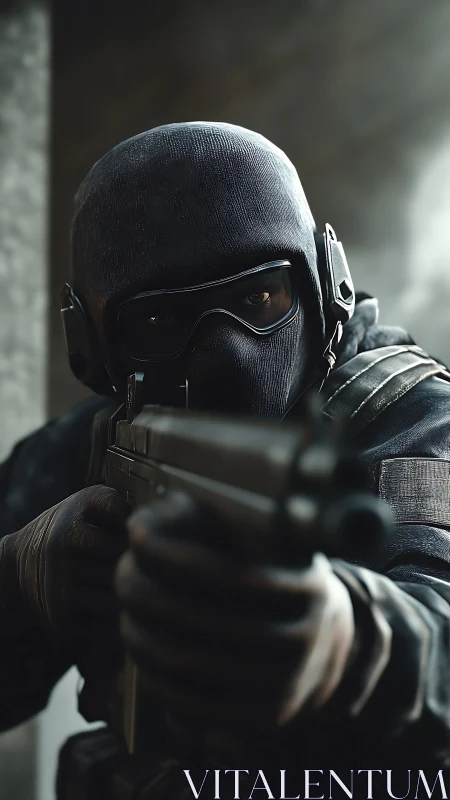 Silent operator steadies a rifle in razor‑sharp focus