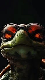 Cinematic close-up of turtle in reflective red goggles.