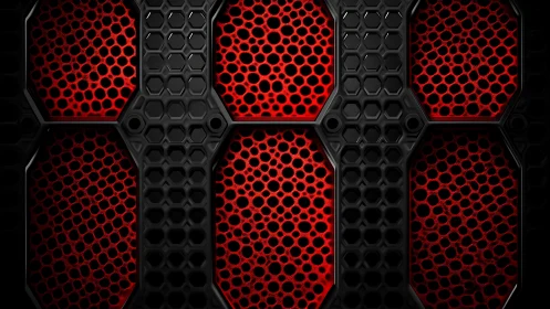 Hexagonal black grille exposes illuminated red honeycomb matrix