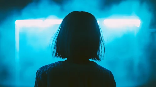 Silhouetted figure stands before diffuse cyan backlighting