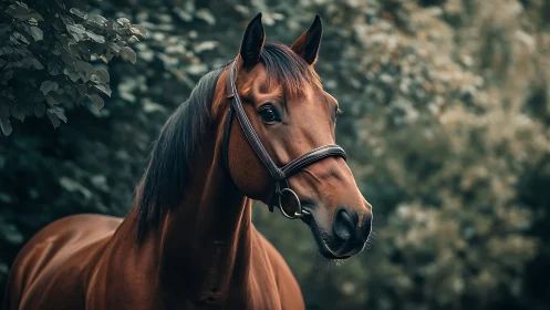 Brown horse portrait in bridle against soft green foliage.