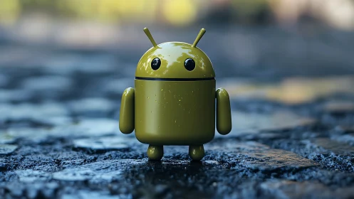Glossy olive android mascot on wet cobblestone surface