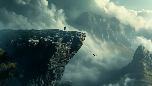 Lone dreamer on a cloud-kissed cliff above silent kingdoms.