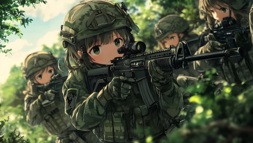 Anime soldiers advancing cautiously through dense forest.