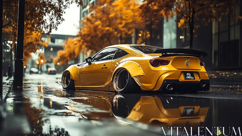 Widebody yellow coupe on wet city street with autumn foliage