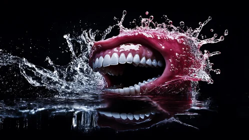 Open mouth and teeth emerging in a dramatic water splash.