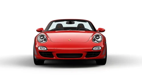 Red sports convertible stands poised against clean white space