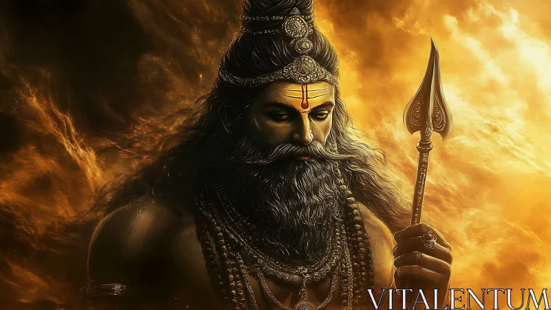 Bearded warrior figure holds ornate trident amid fiery clouds