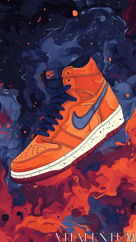 Electric orange sneaker floating in swirling galaxy flames.
