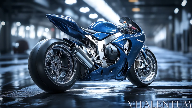Ultra-polished blue superbike in cinematic wet garage.