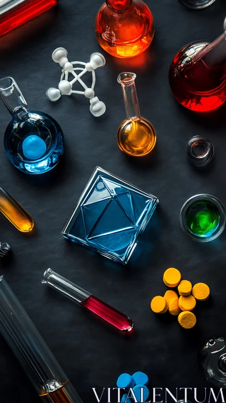 Photorealistic lab glassware grid with colored chemical gradients.