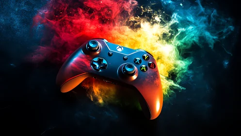 Xbox-style game controller floats amid multicolor smoke