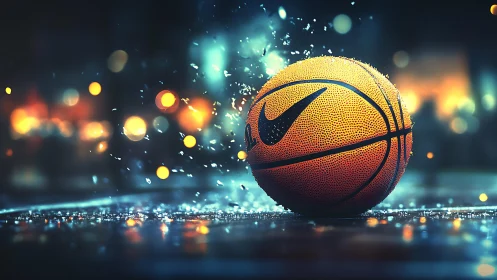 Basketball on wet court surface with blurred urban lights.