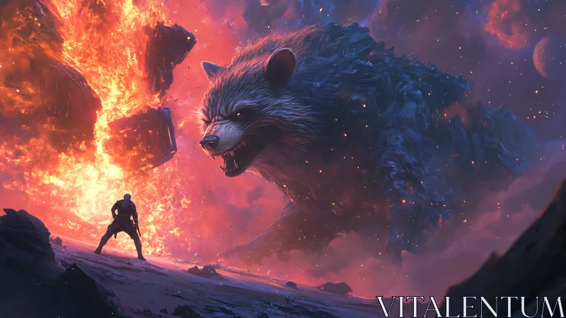 Cosmic warrior confronts colossal flaming space wolf titan