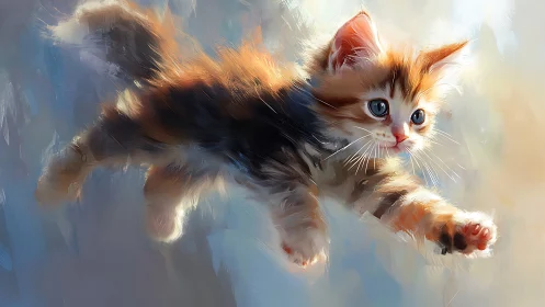 Playful Kitten in Dynamic Motion Against Soft Sky Background.