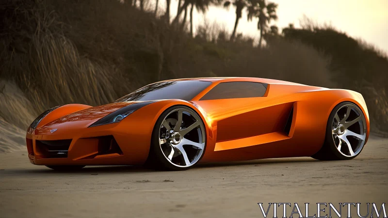Orange concept supercar stands on sandy coastal terrain at dusk