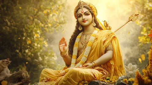 Serene golden goddess in forest glow with divine ornaments.