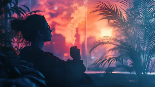 Silhouette dreamer exhaling neon dusk into city haze.