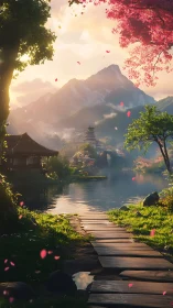 Serene lakeside path facing distant pagoda and mountain.