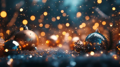Macro bokeh of glittered Christmas baubles in warm blue light