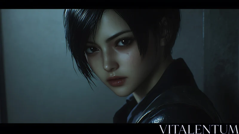 Moody 3D portrait of short haired young woman in shadow.