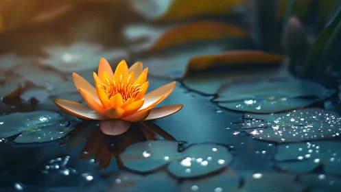Golden water lily glowing softly on a tranquil pond.