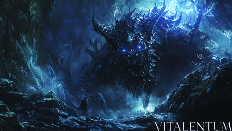 Enormous blue-eyed abyssal demon confronts lone cavern wanderer
