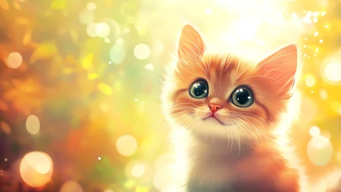 Orange and White Kitten with Blurred Warm Bokeh Background